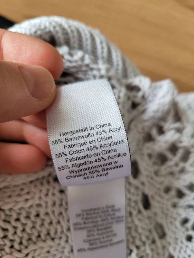 Biały dzianinowy lekki sweter z dziurami tył dłuższy Next M/L bawełna
