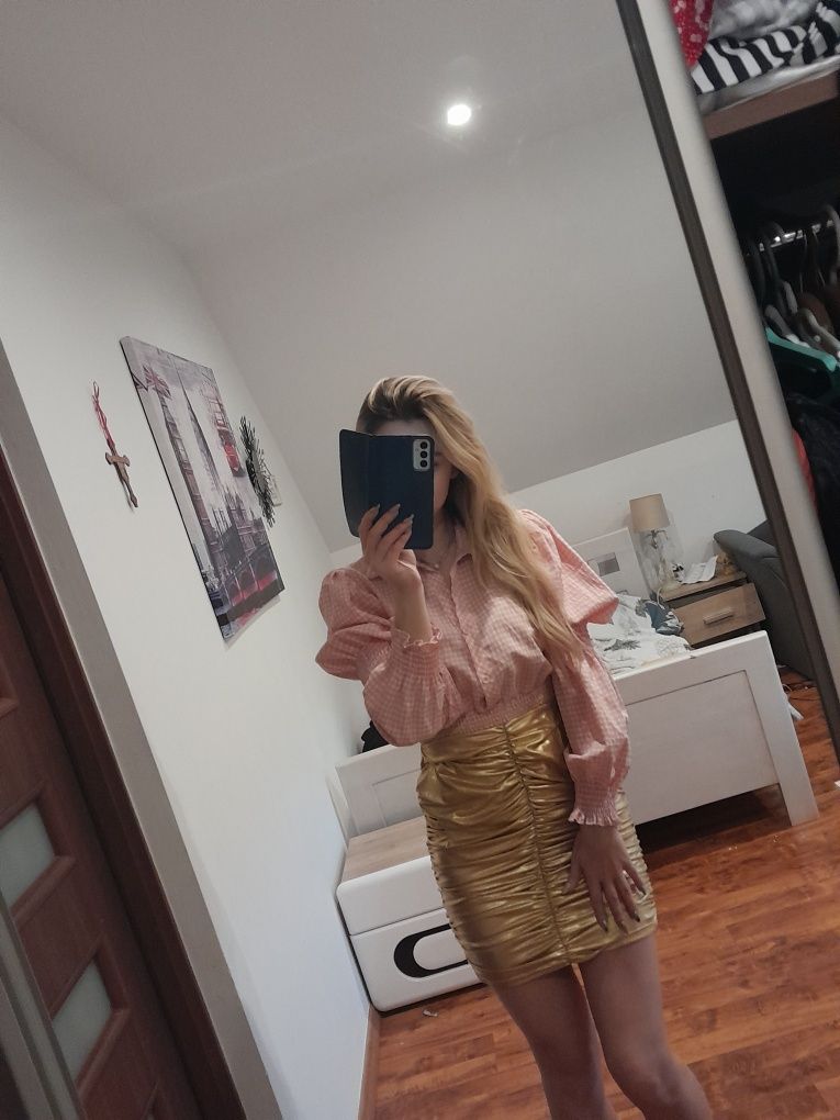 Koszula bluzka elegancka w kratkę bufiaste rękawy s m kobieca dekolt
