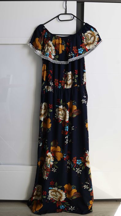 !Bardzo dobra! Granatowa sukienka maxi w kwiaty, M!