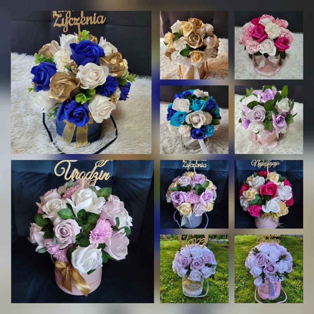 Bukiety z kwiatów mydlanych w  wazonie, flowerboxy, róże