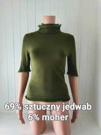 Ciemno zielony sweter półgolf wykończenia z włóczki dobry skład S 36