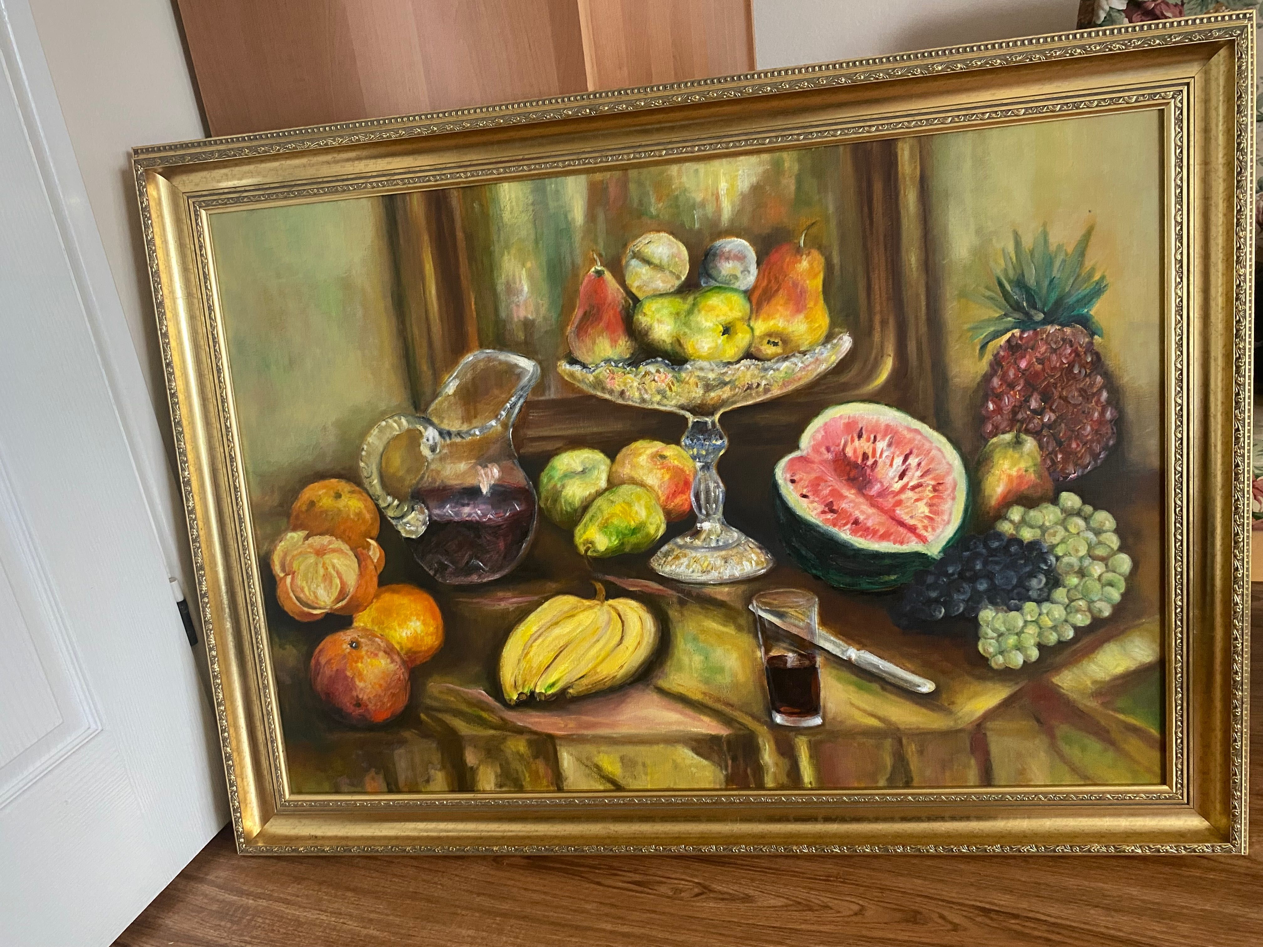 obraz ręcznie malowany owoce w złotych rzeźbionych ramach