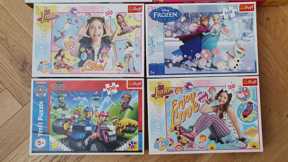 Układanki puzzle 6 zestawów Barbie Frozen Paw Patrol Soy Luna Dinozaur