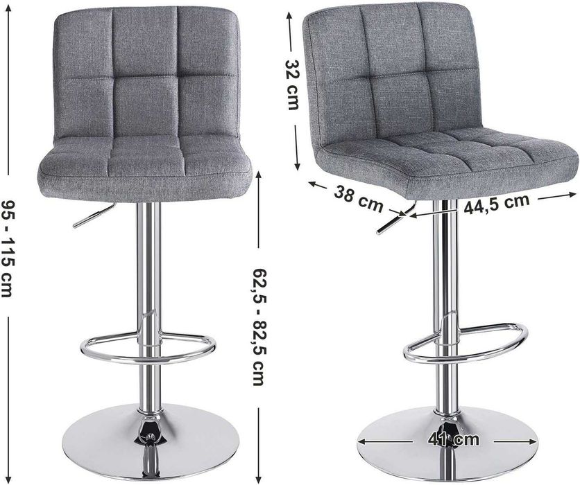 Songmics Stołek Barowy hoker Szary 2 Sztuki 44,5x38x115cm