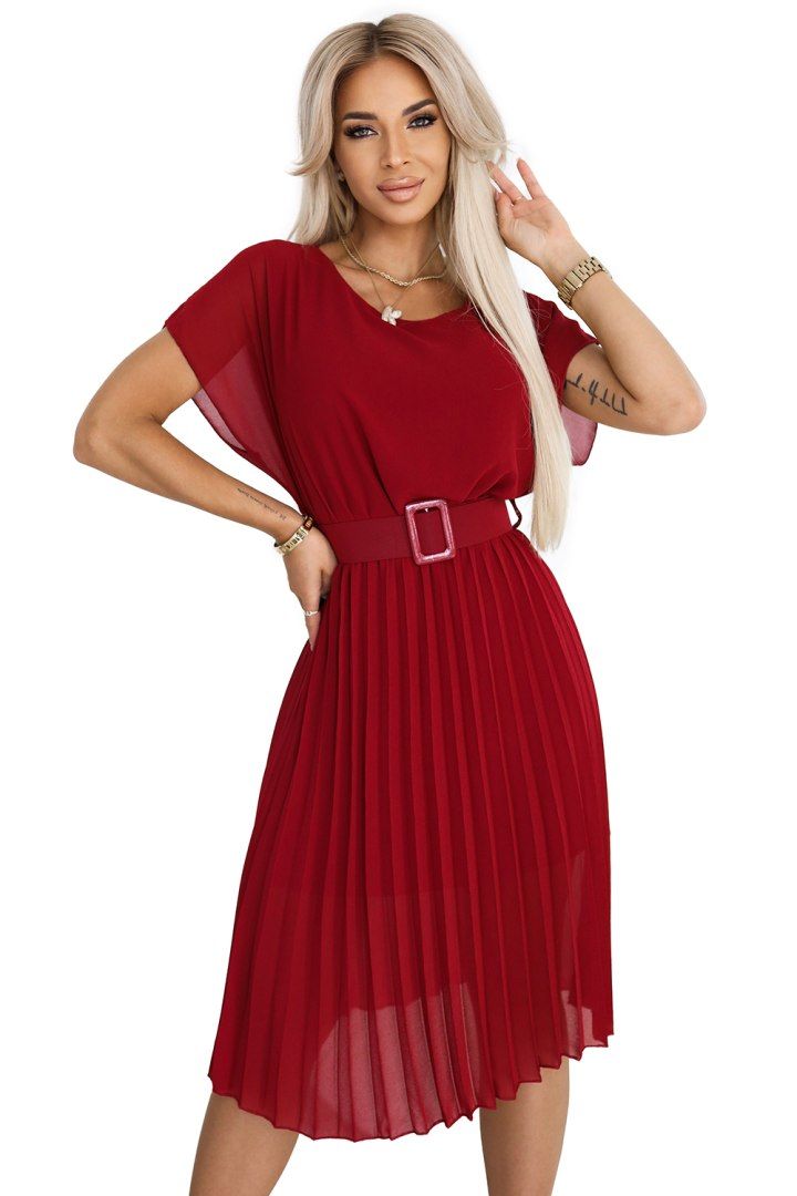 Sukienka MIA Bordowa Plisowana Midi z Paskiem Elegancka Wizytowa
