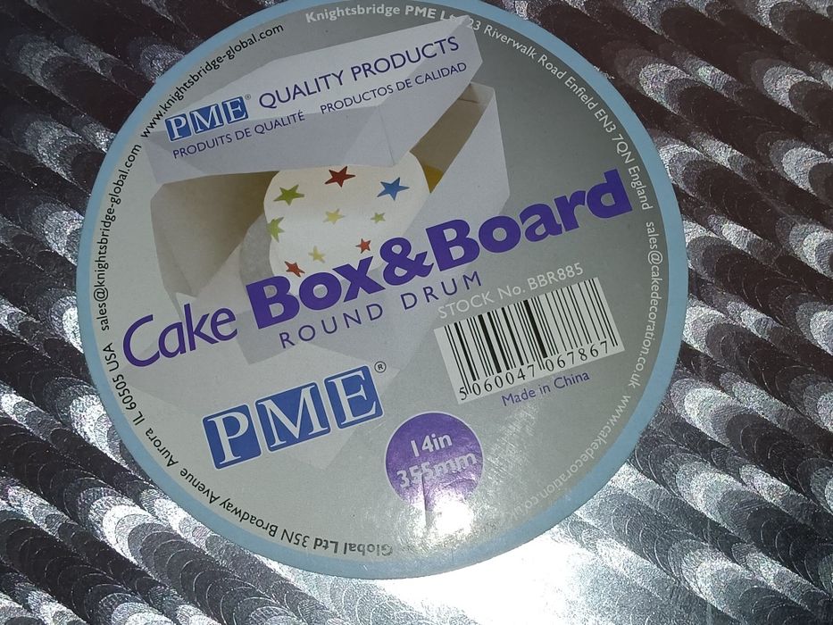 NOWY zestaw Cake BOX & BOARD pudełko i gruby srebrny okrągły podkład