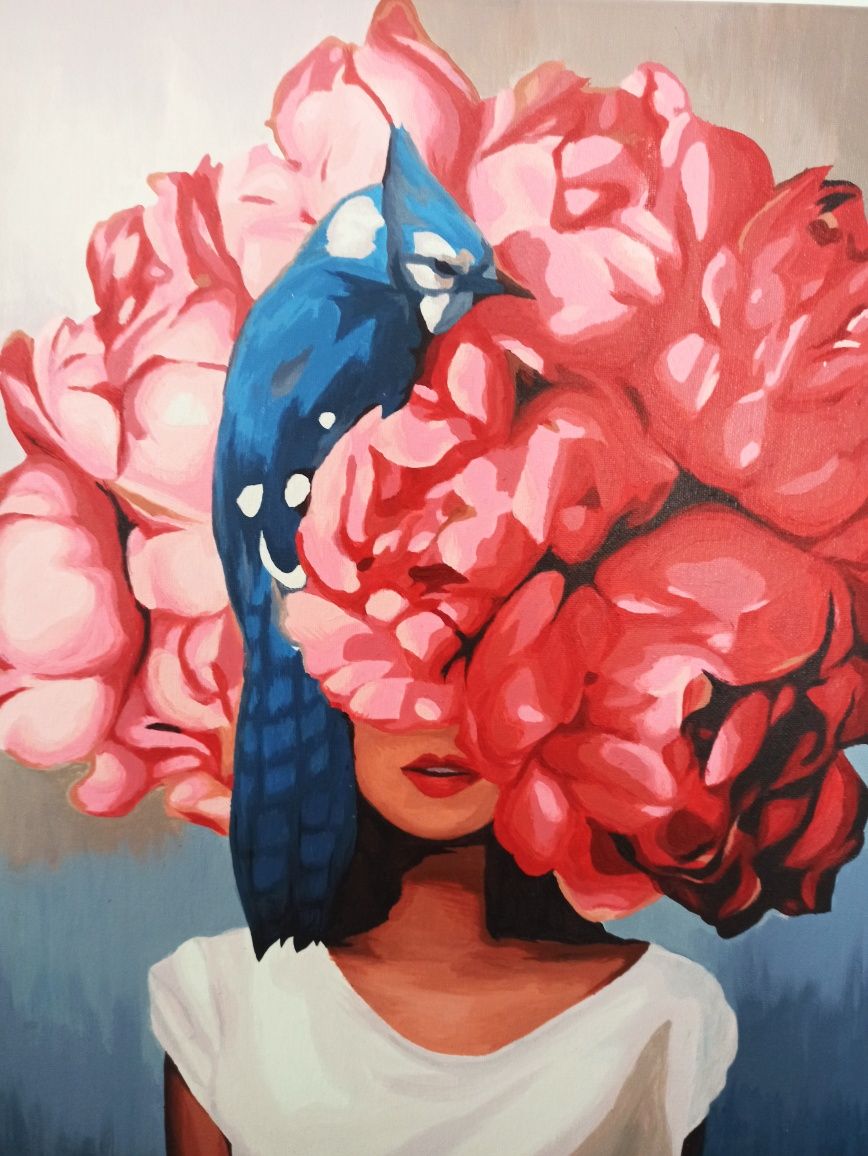 Obraz ręcznie malowany 40x50 cm abstrakcja, twarz, kwiaty