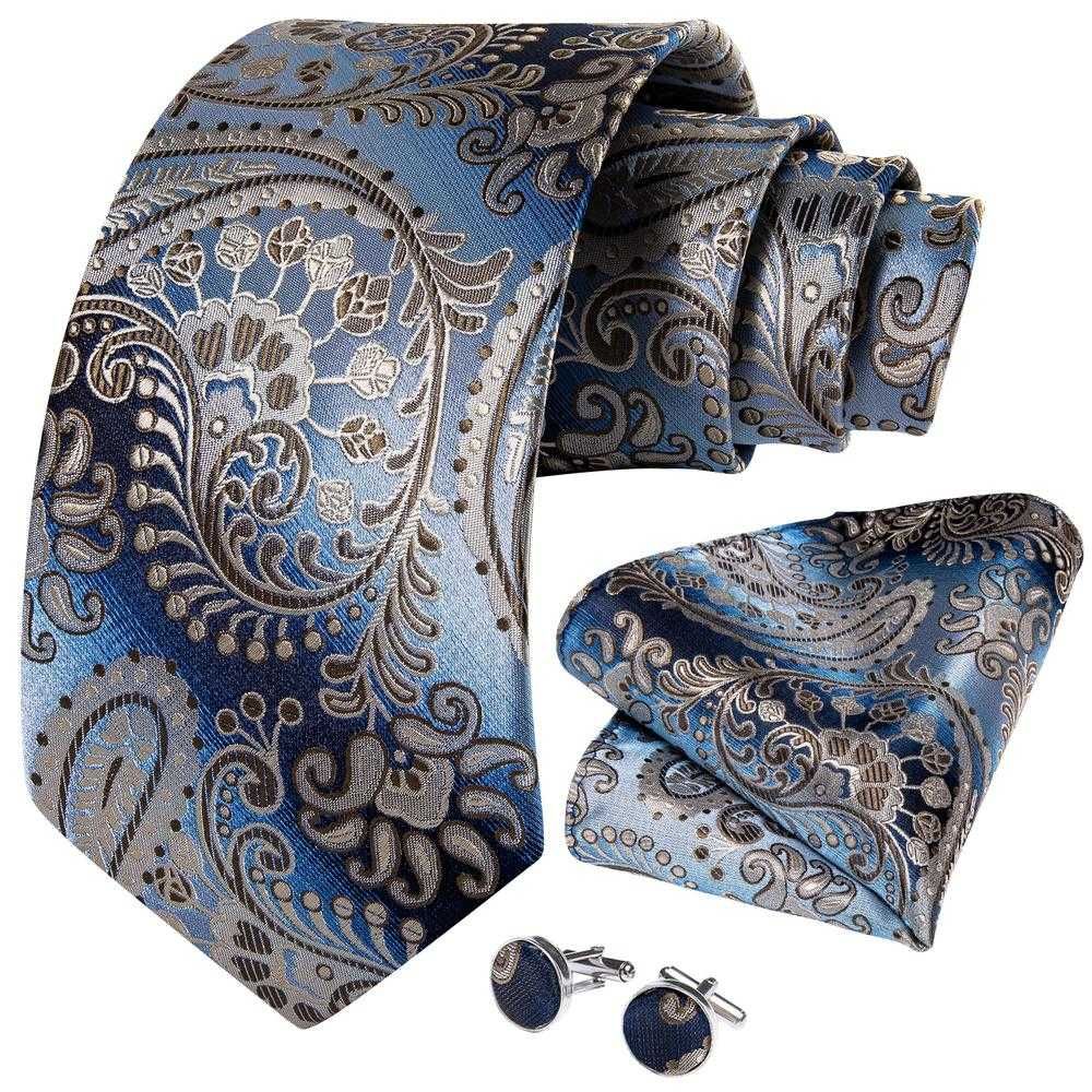 ZESTAW Krawat Poszetka Spinki Beżowy Niebieski