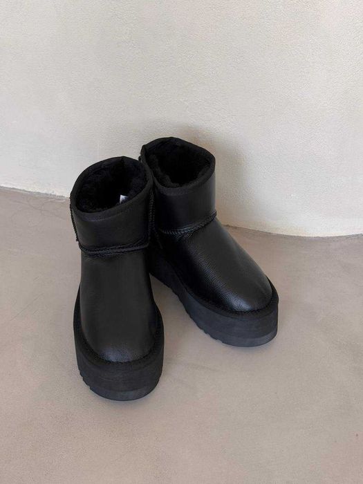 Женские Ugg Mini Platform Black Leather черные кожанные УГГ міні