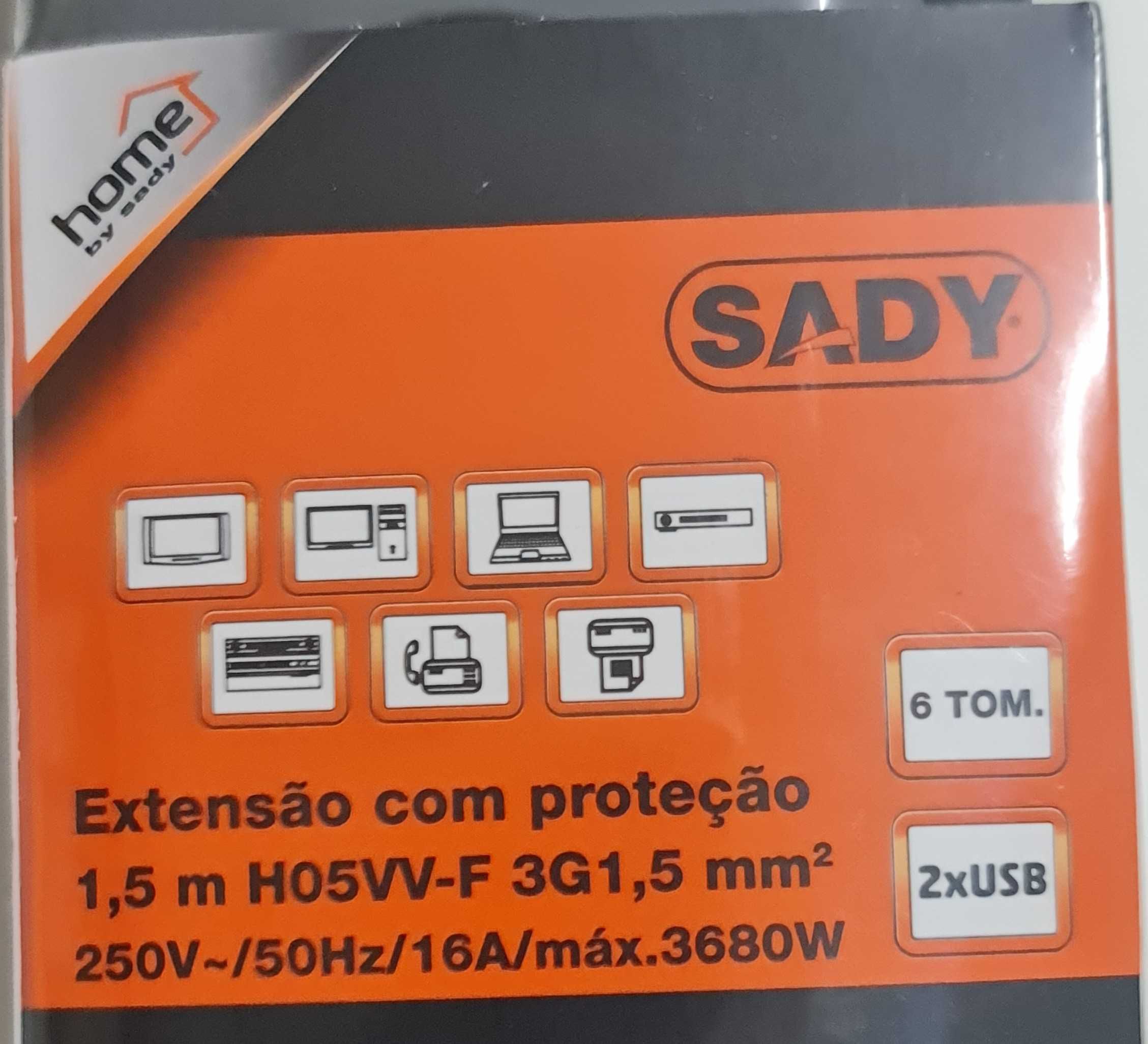 Extensão 6 Tomadas + 2 USB 1,50m Sady