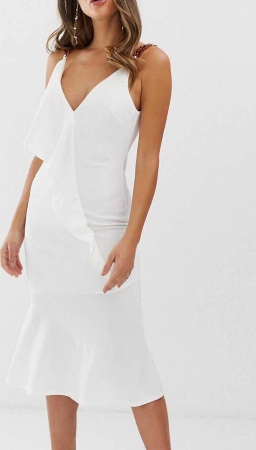 Nowa Asos sukienka elegancka biała z falbaną midi r. 34/36