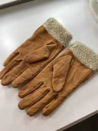 Rękawiczki skórzane camel karmelowe RIVER ISLAND rude z kożuszkiem M/L