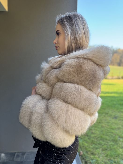 Futro 100% lis krótkie beżowe s/m kaptur naturalne premium nowe