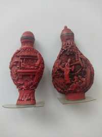 2 Garrafas de rapé muito antigas de cinábrio chinês esculpida à mão