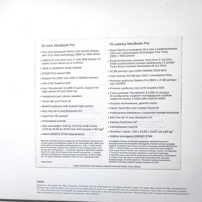 Laptop Apple MacBook Pro 15 A1990 i7 2.6 16GB 512SSD 560X