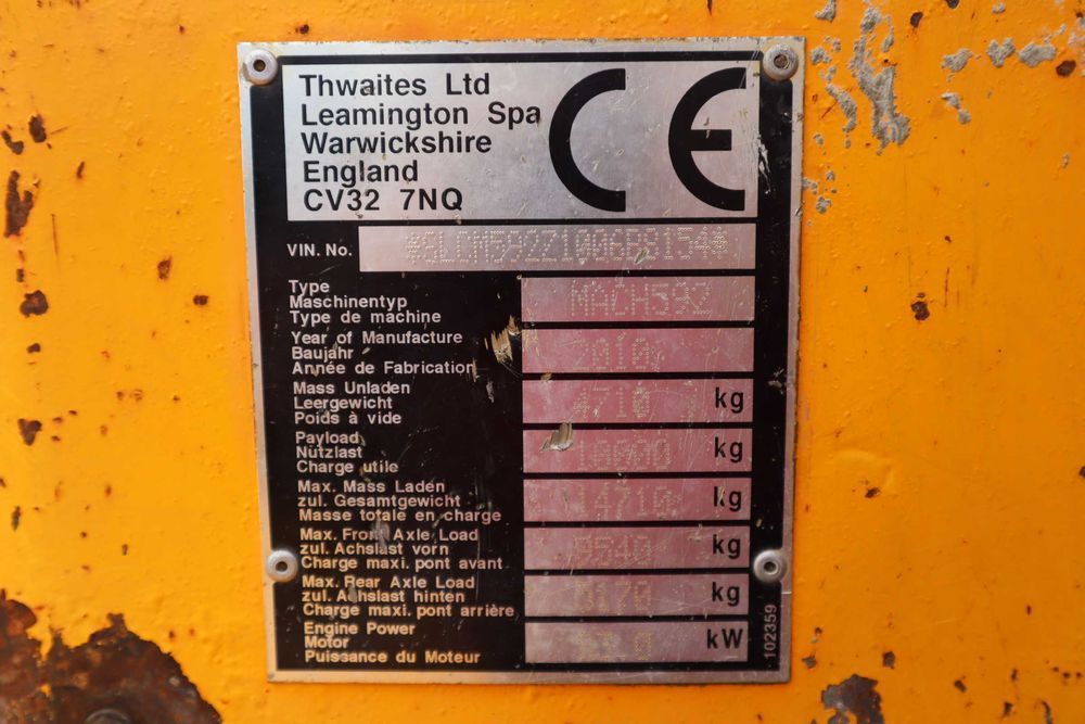 2010 Thwaites MACH592 10 t Dumper de Obra