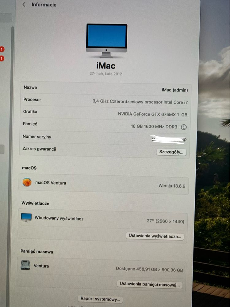 Komputer iMac a1419 27” 2012 Core i7 Ventura osx 16GB/1000GB