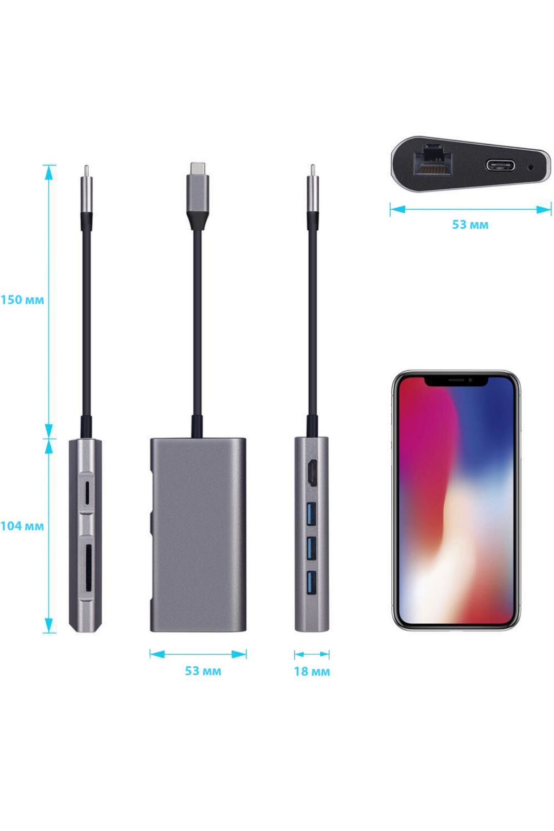 USB-хаб Dynamode USB3.1 Type-C to HDMI + 3xUSB3.0 + Gigabit LAN + USB