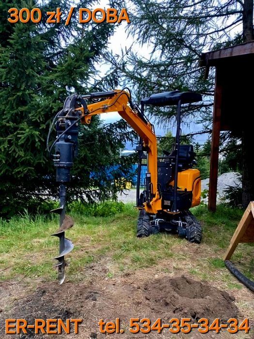 Wynajem minikoparki z kabiną 1500kg, w zestawie z 3 łyżkami