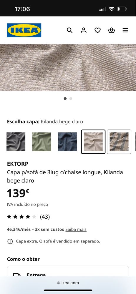 Capa de sofa de 3 lugares e chaise longue beje