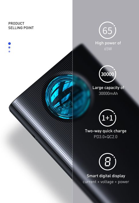 Повербанк Baseus Amblight 30000 65W 6A повер bank зарядка ноутбук mac
