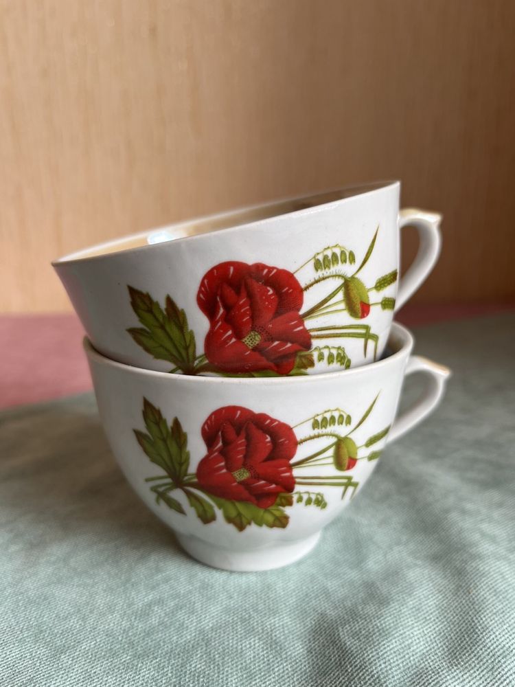 Пара порцелянових крушок з яскравими маками, смачні напої з них)