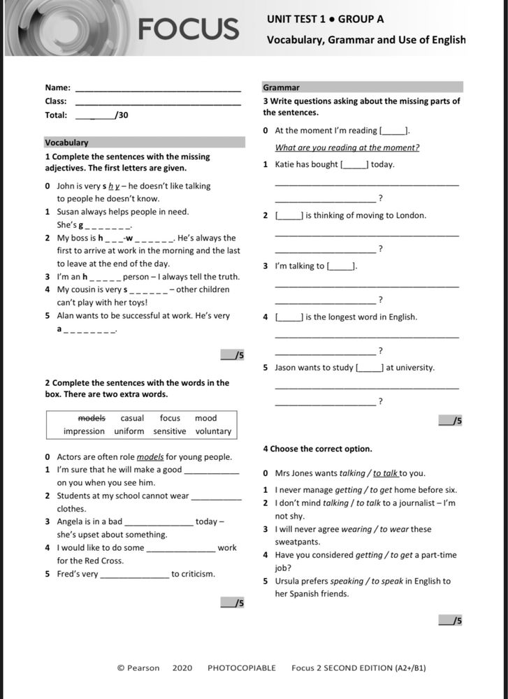 Focus 2 Second Edition Unit test answer key