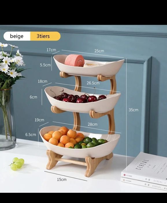 Patera 3 poziomowa na owoce przekąski beżowo drewniana