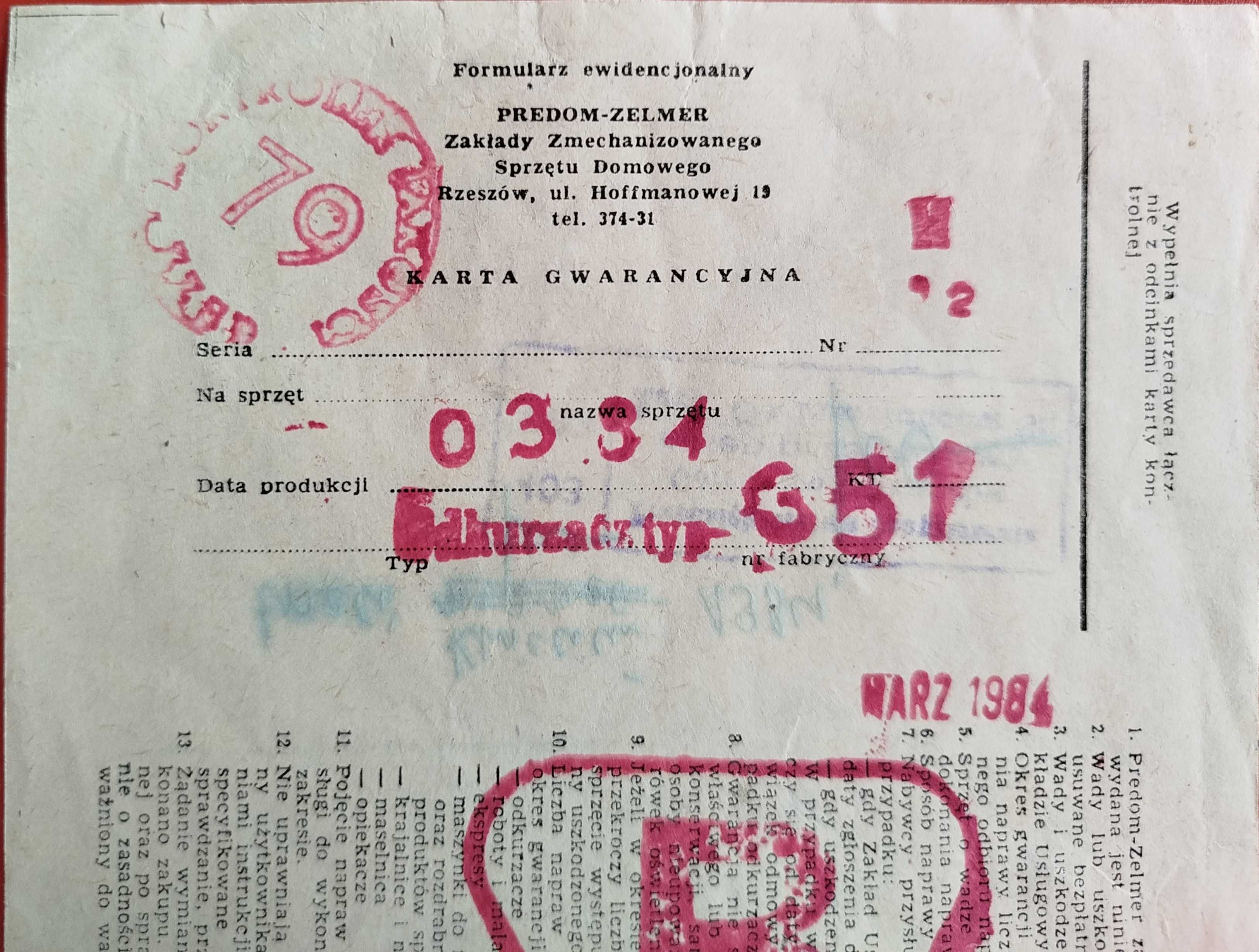 Odkurzacz typ 351, Predom Zelmer, Karta gwarancyjna