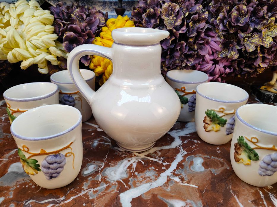 Ręcznie malowany dzbanek z kubeczkami - Liście i kiście winogron