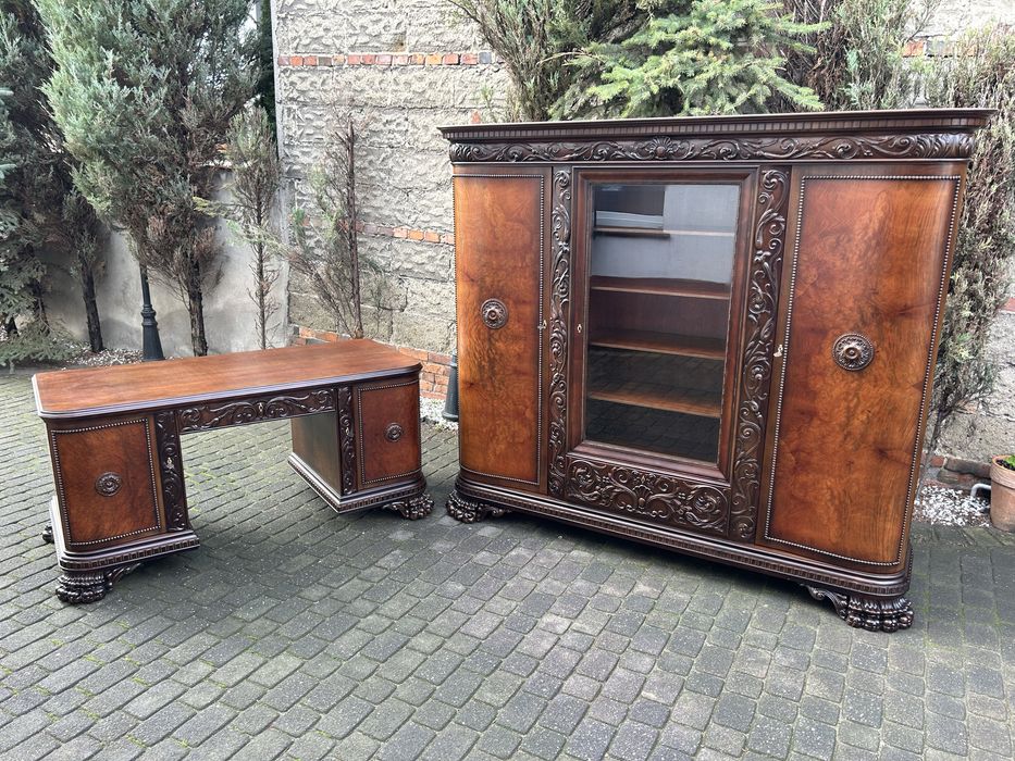 Antyczna Biblioteka + Biurko Lwie Łapy Gabinet Antyk Po Renowacji