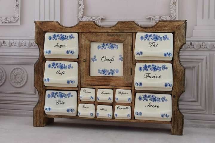 Wisząca Szafka na Przyprawy - Przyprawnik - Porcelana + Drewno