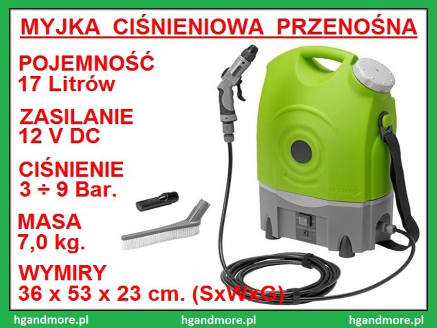 Myjka ciśnieniowa bezprzewodowa przenośna 12 V(DC) / 17 litrów / 9 Bar