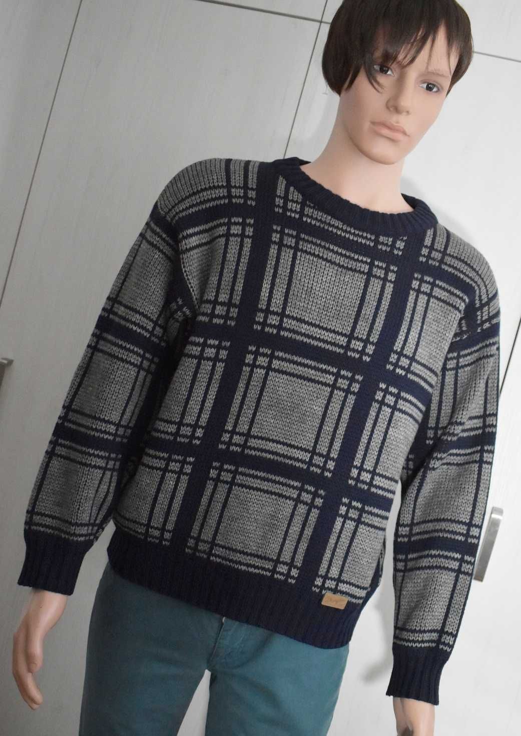 Sweter wełniany M wełna kratka ciepły casual męski Wrangler retro