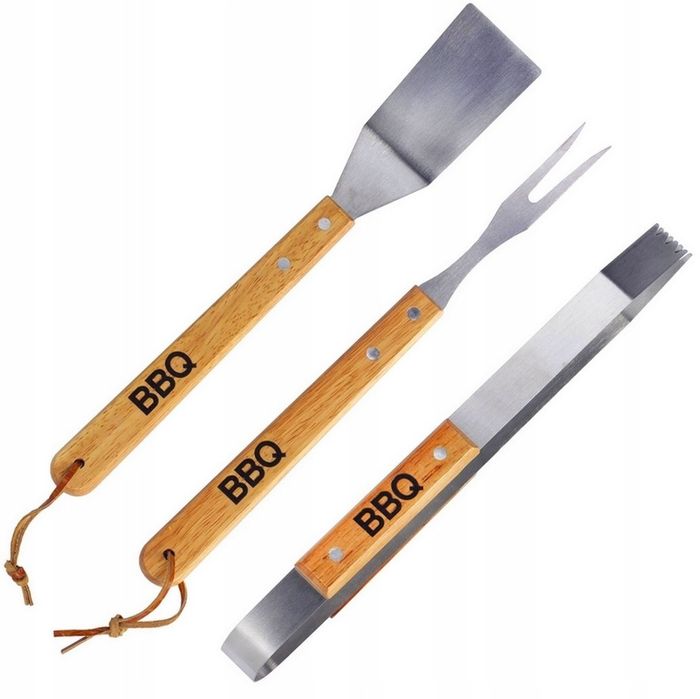 zestaw przybory akcesoria grill bbq stal+drewno
