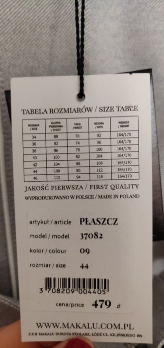 Płaszcz Makalu rozmiar 44 nowy nienoszony z metką