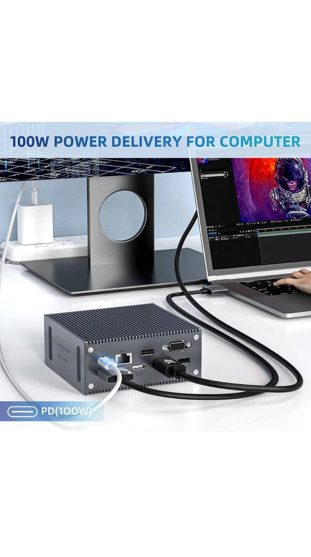 Док-станція USB C HDMI VGA 4 USBA USB C Micro SD LAN 100 Bt PD