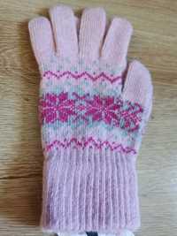 Różowe rękawiczki zimowe wzory ciepłe palczatki damskie angora Wełna