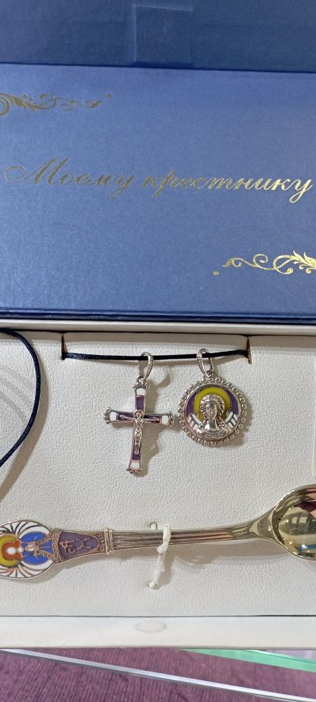Срібний набір для хресника, на христини, 925 проба, хрестик ложка ікон
