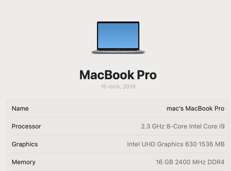 MacBook Pro 15’ 2019 Intel i9 16Gb 512Gb AMD 560X 4Gb