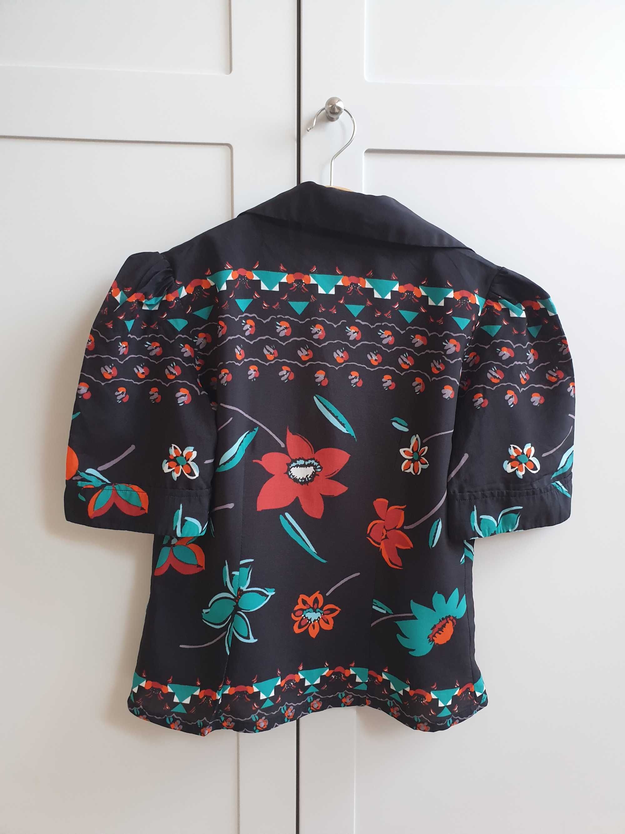 Czarna koszula w kwiaty bluzka bufiasty rękaw Vintage 38