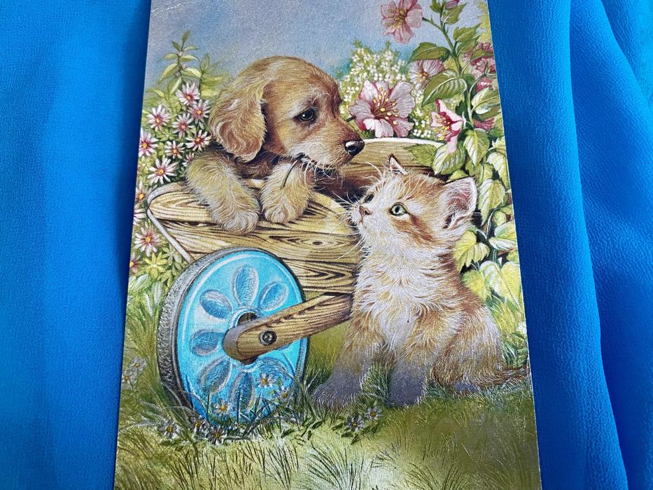 unikatowa vintage laserowa pocztówka Dufex Prints piesek z kotkiem