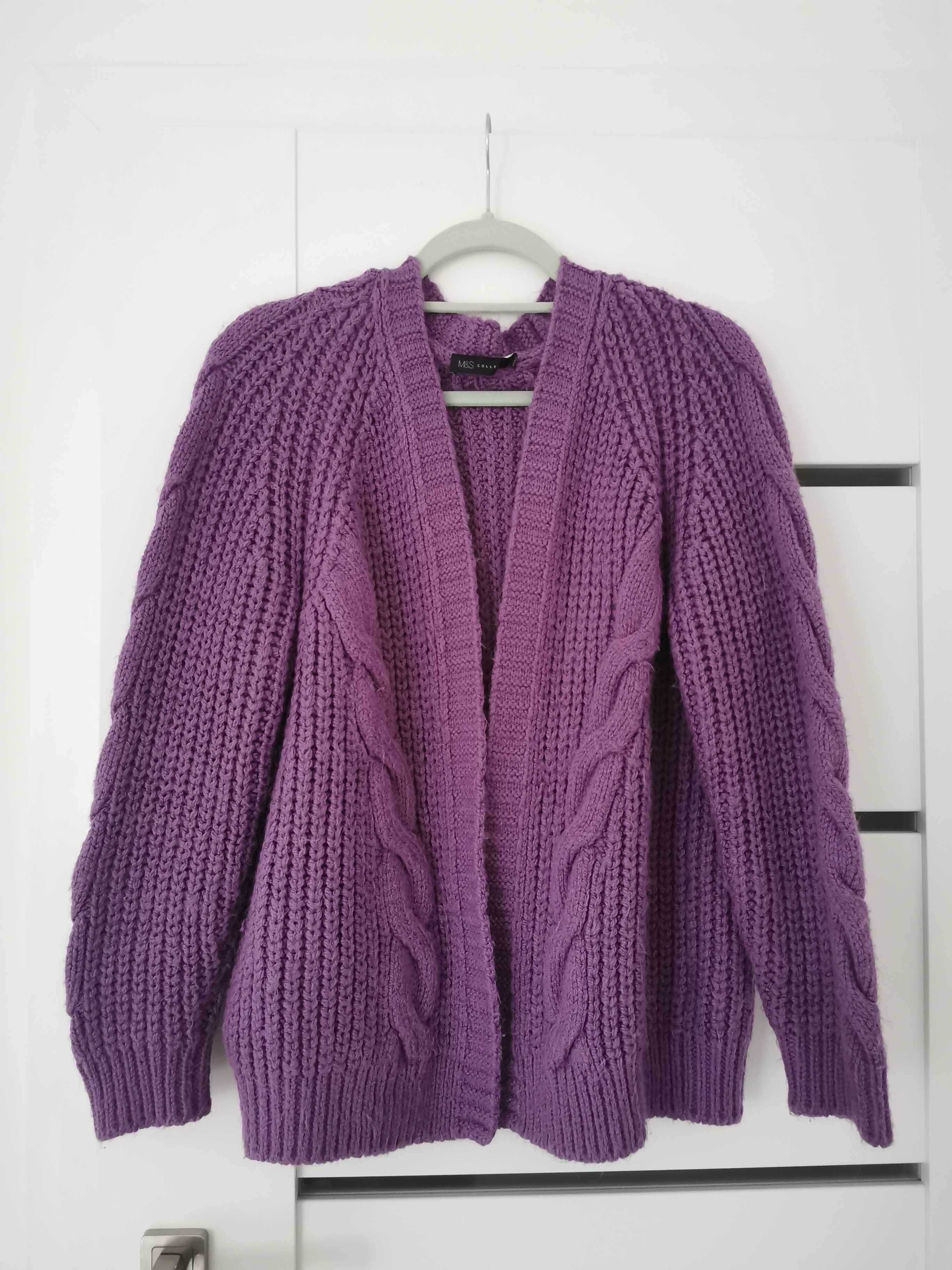 Fioletowy sweter kardigan ciepły zimowy narzutka M 38 40 Marks&Spencer