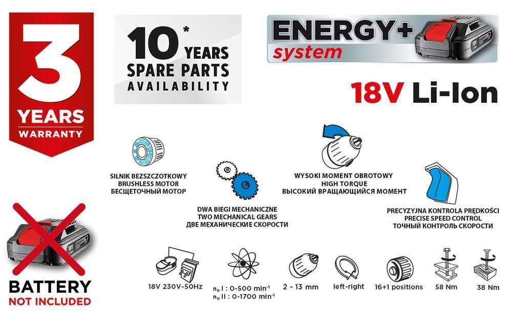 Wiertarko-Wkrętarka Akumulatorowa Bezszczotkowa Energy+ 18V, Li-Ion