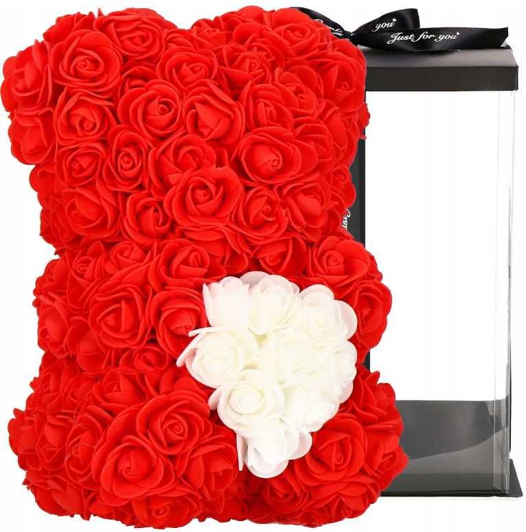 Miś z płatków róż czerwony w pudełku prezent na walentynki hit! 30 cm