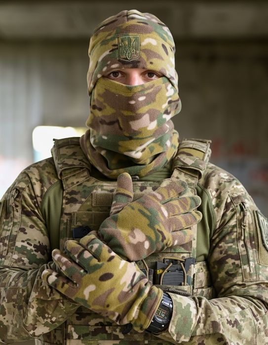 Шапка, бафф, перчатки, комплект 3в1 мультикам. Зимняя одежда на флисе