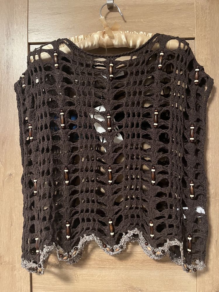 Zara top z dzianiny z koralikami S HIT brąz szydełko Nowe