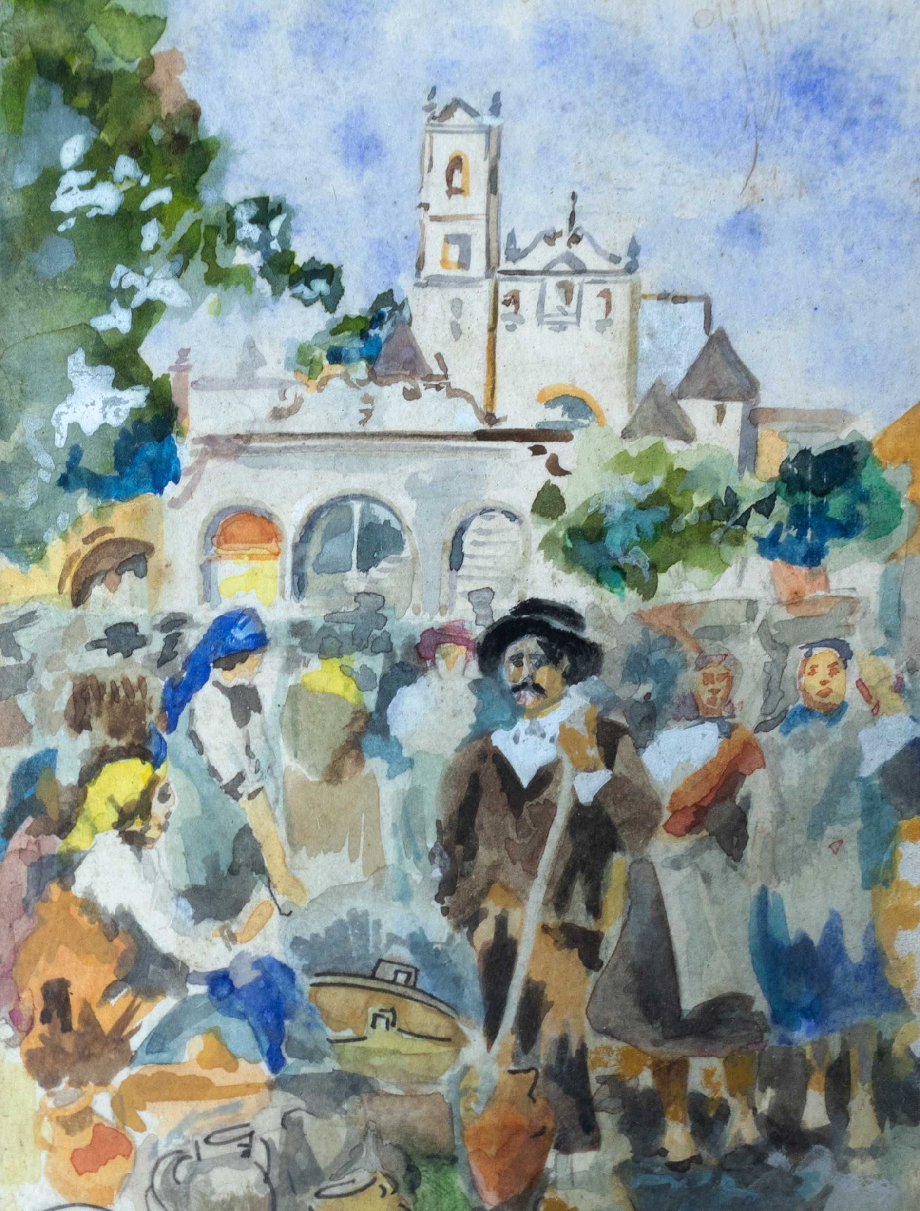Pintura aguarela romaria igreja | Alfredo Morais«