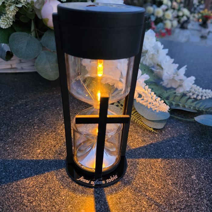 ZNICZ Solarny led  LAMPION na grób statuetka na cmentarz z krzyżem