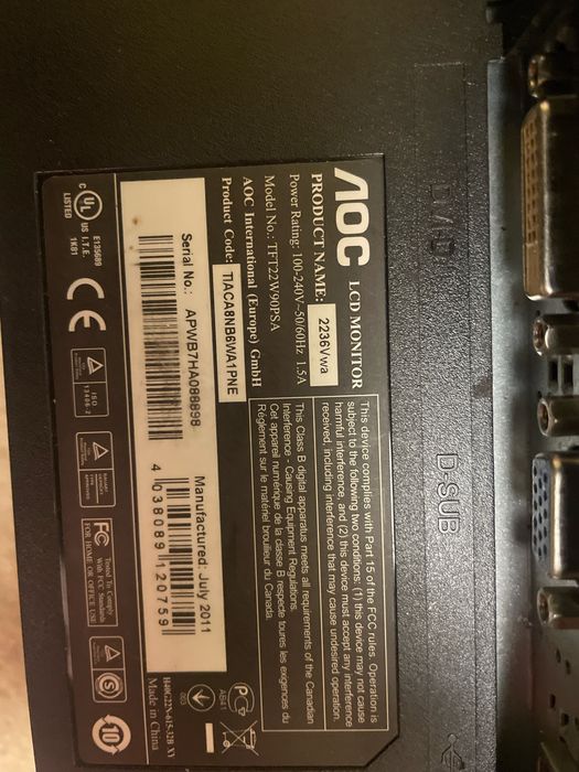 Монитор AOC 22” Full HD — HDMI + кабели в комплекте